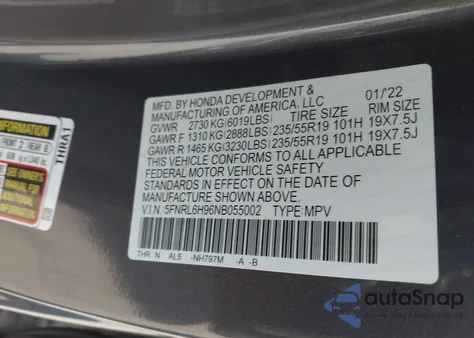 2022 Honda Odyssey Elite z USA, uszkodzony, nr VIN 5FNRL6H96NB055002